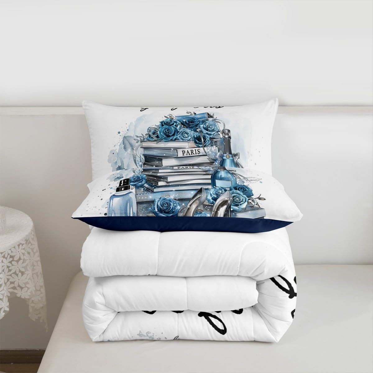 Erosebridal Girly Blue King Bedding Set Silver Fashion Comforter Women Girls Gray Teal Flower Perfume Duvet Insert High Heels Magazine Books Floral Bed Sets Paris Romantic Bedroom Decor