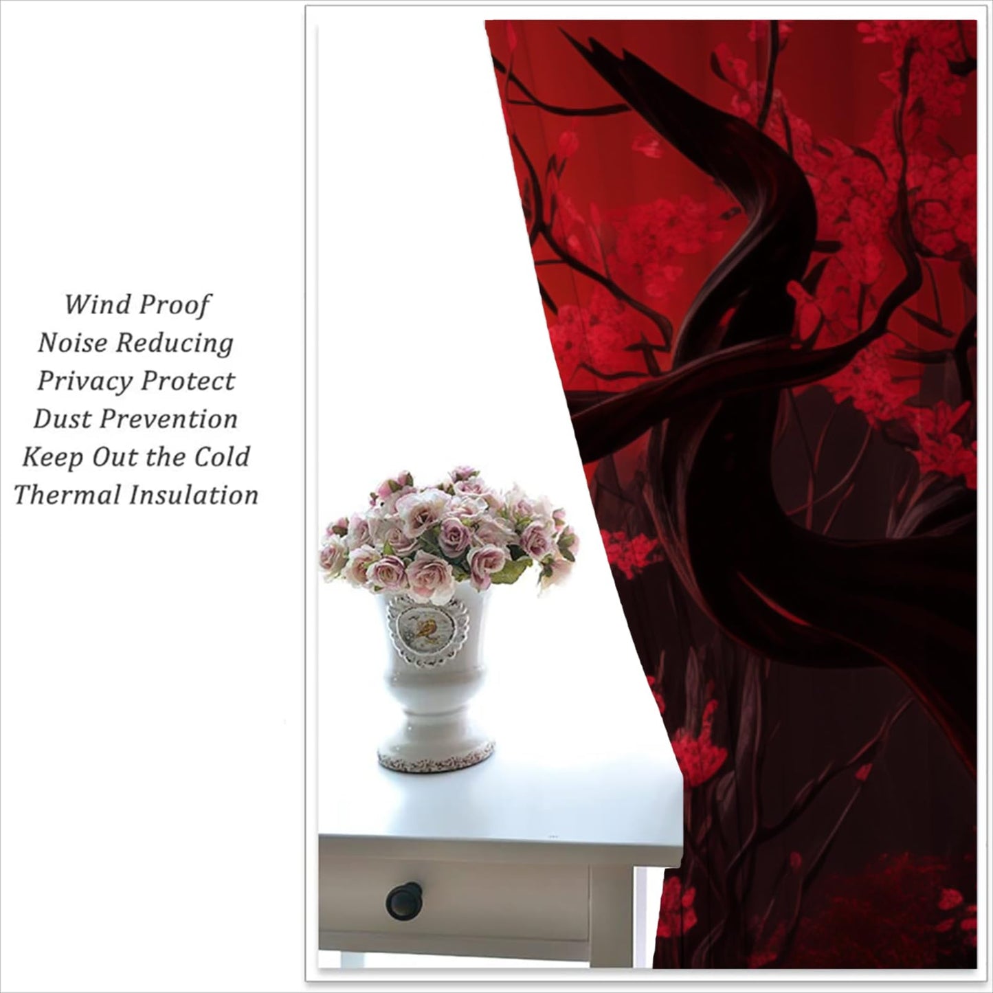 LHROOMJK Japanese Blackout Curtains for Boys Girl Bedroom Home Decor,Asian Anime Red Plum Red Moon Landscape Painting Thermal Insulated Grommet Darkening Living Room Window Drapes, 72 x 63 inch