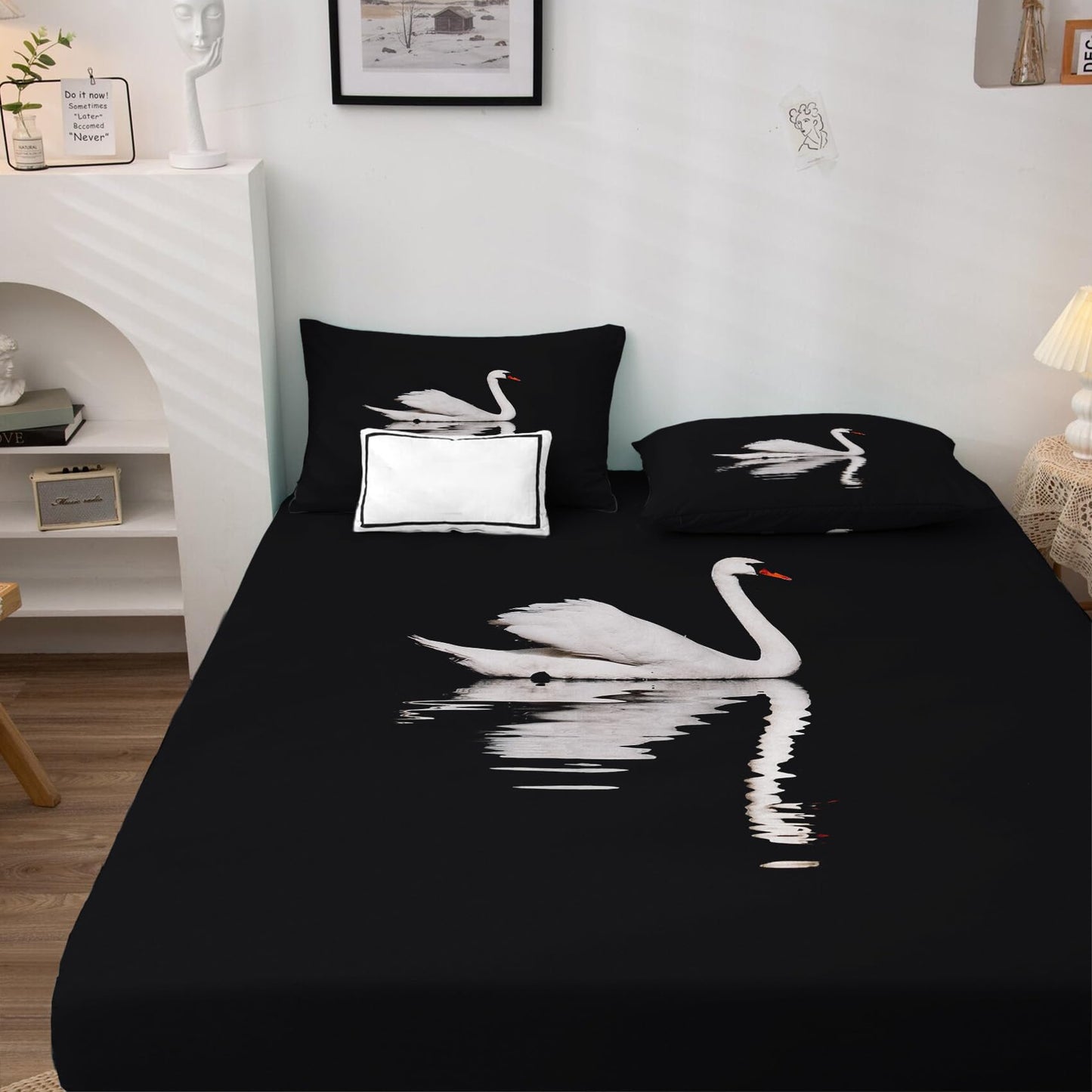 THYUNQ Swan Sheets Full Size Bed, 3D Animal Pattern Bedding Sheets & Pillowcases - 16 Inch Deep Pocket, Super Soft Microfiber Printed Sheet Set 4 Piece
