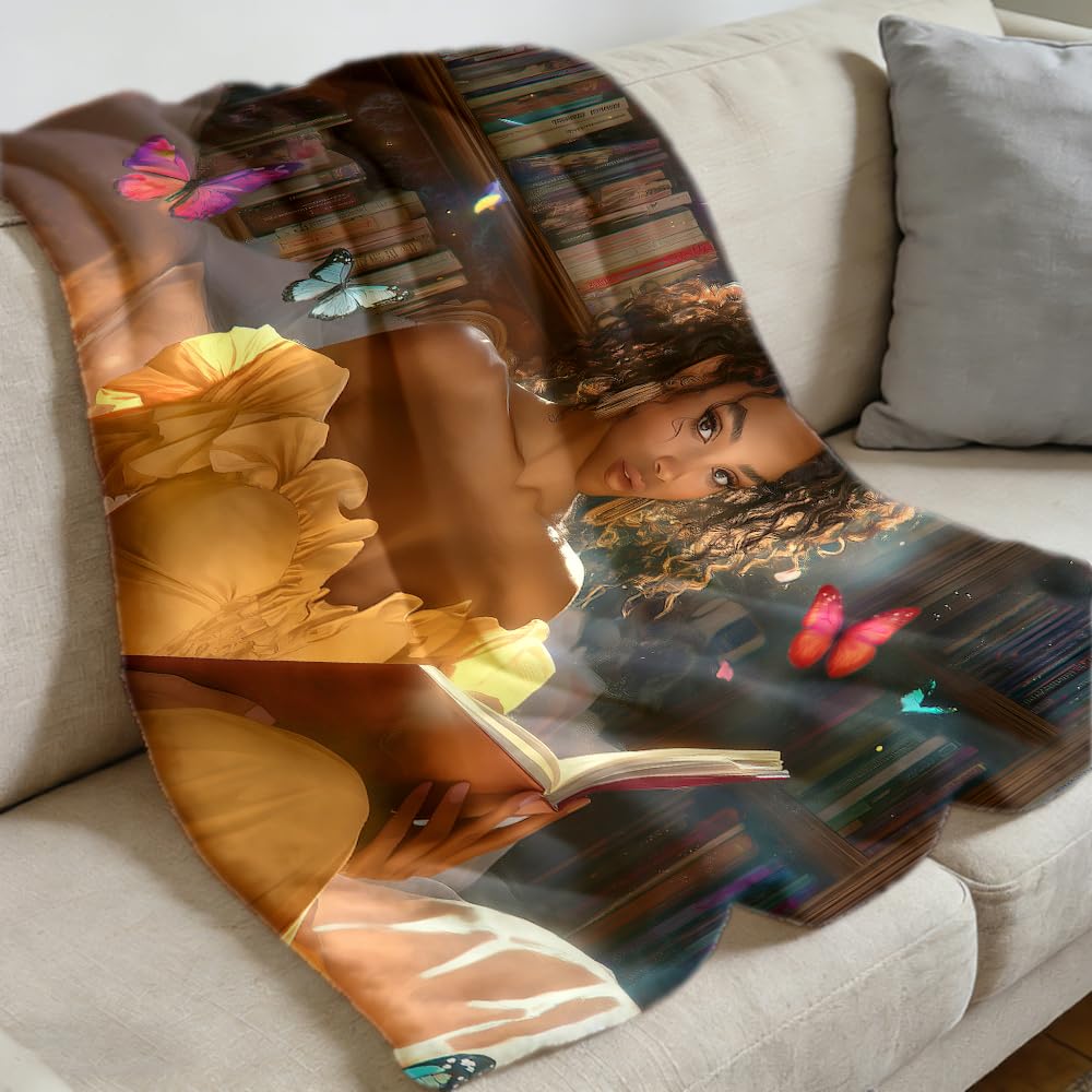 ZHOUSHUTONG Black Woman Reading Book Flannel Throw Blanket Cozy Warm Colorful Book Butterfly Blankets Lightweight Fuzzy Soft African American Girl Flannel Blanket for Couch Bed Sofa Girls 49"x59"