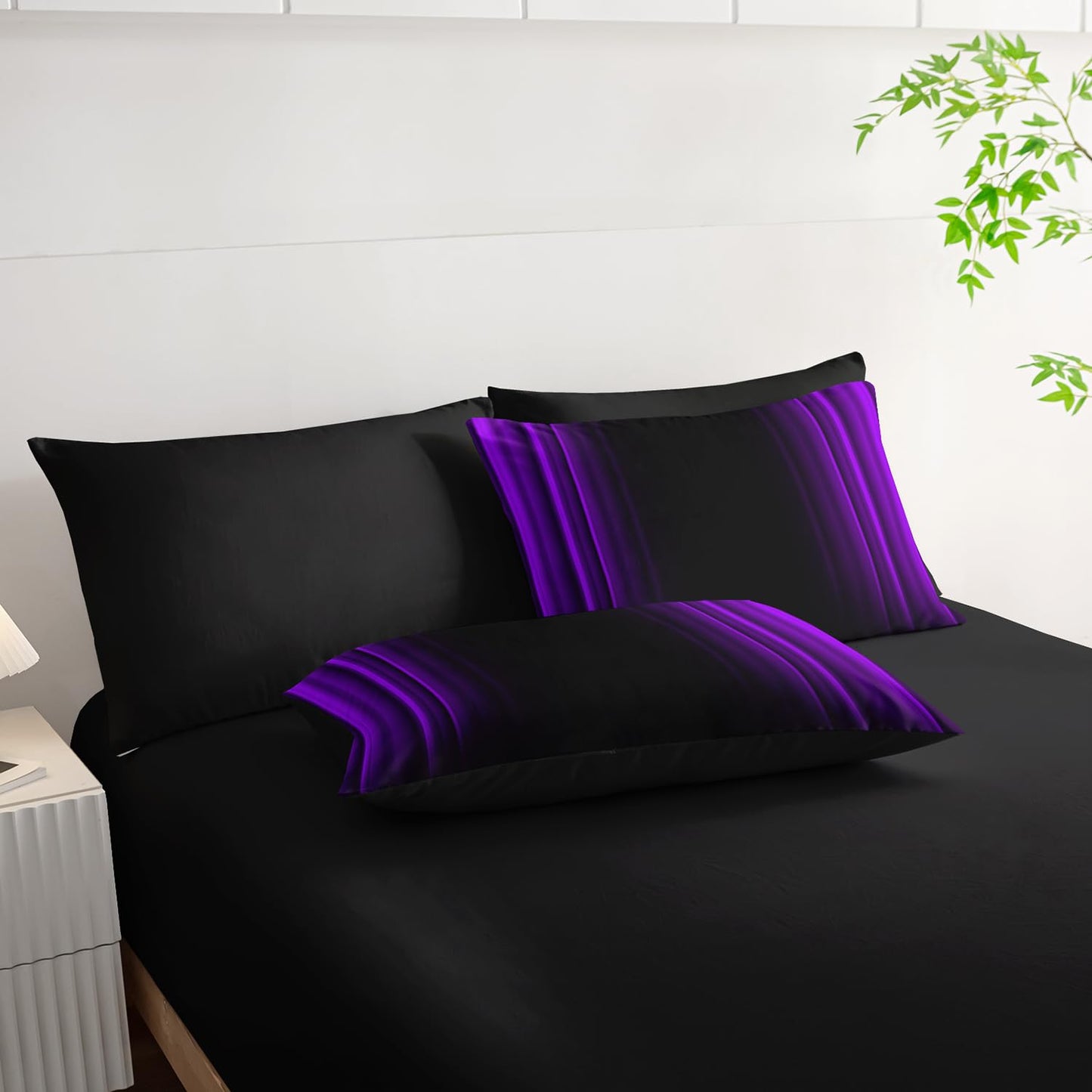 Nttopship Purple and Black Bedding Set King Size Abstract Ombre Comforter Set Bedding Set 7 Piece in A Bag,Dark Quilt Set Mordern Art Decor All Seasons with Pillowcases,Flat, Fitted Sheet