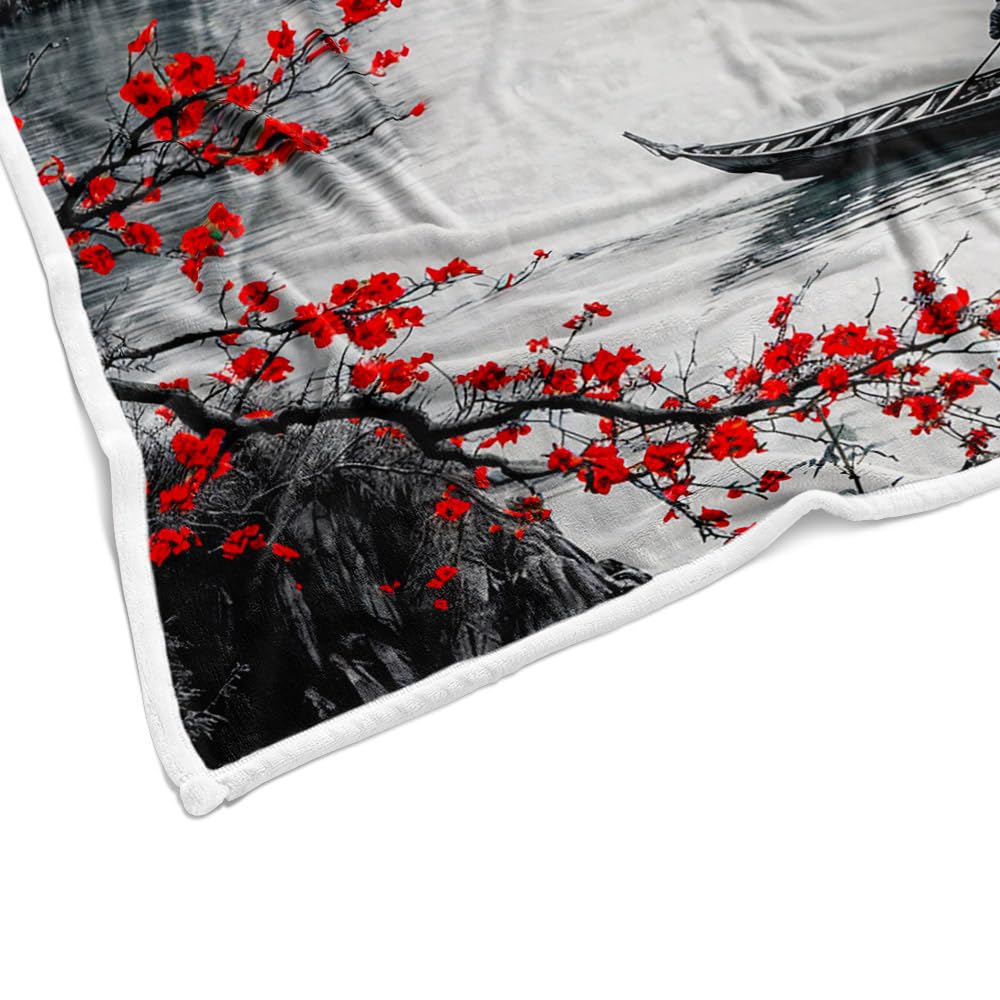 DYNH Japanese Cherry Blossom Blanket, Asian Nature Landscape Throw Blanket, Mountain Cherry Branches Red Sun Ink Painting Soft Warm Flannel Black White Grey Blanket,50X60