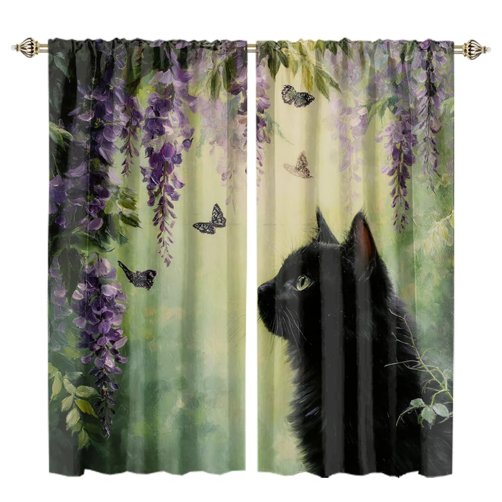 XSUPFLYM Cute Beautiful Spring Cat Window Thermal Curtain for Living Room Colorful Rustic Animals Black Cat Butterflies Plant Lilac Flowers Patt Blackout Curtains for Bedroom 2 Panels Each 21"W x 45"L