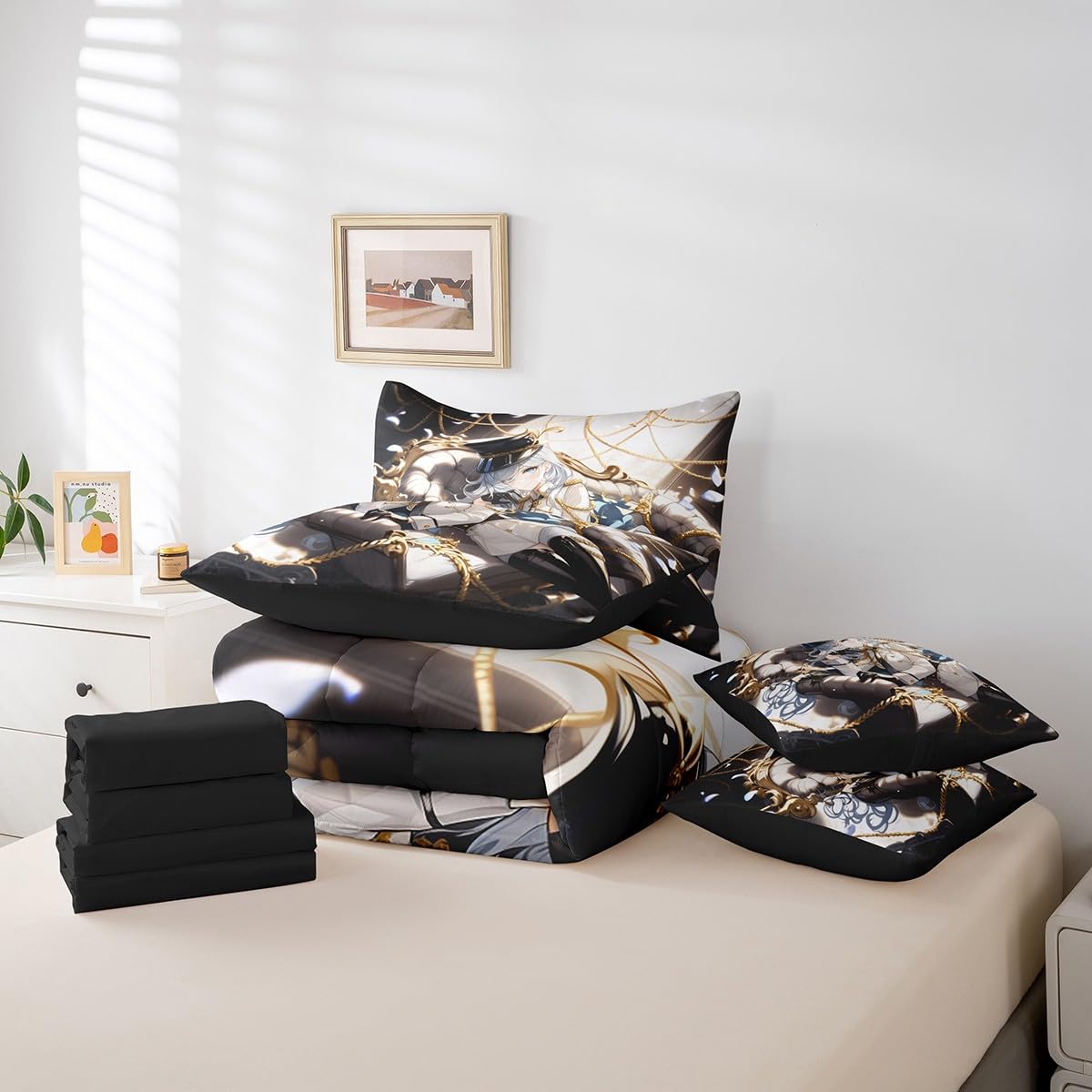Erosebridal Anime Girl Queen 7 Piece Bedding Set for Kids, Kawaii Japanese Anime Bed in A Bag Cartoon Girl Comforter Set with Sheets for Girls Boys Teens Men Room, Japanese Animation Bed Sets