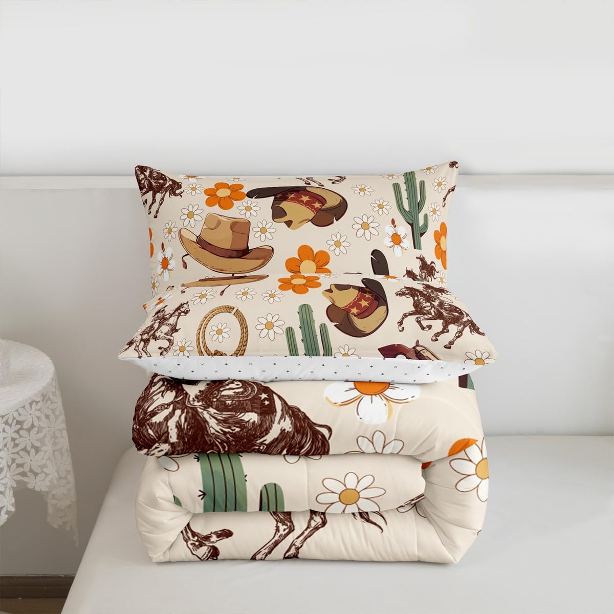 Feelyou Western Comforter Set All Season Cowgirl Floral Bedding Set with 2 Pillow Cases Western Cowboy Boots Kids Full Bedclothes Wild West Cactus Flower Bedroom Decor Pale Beige Duvet Quilt Soft
