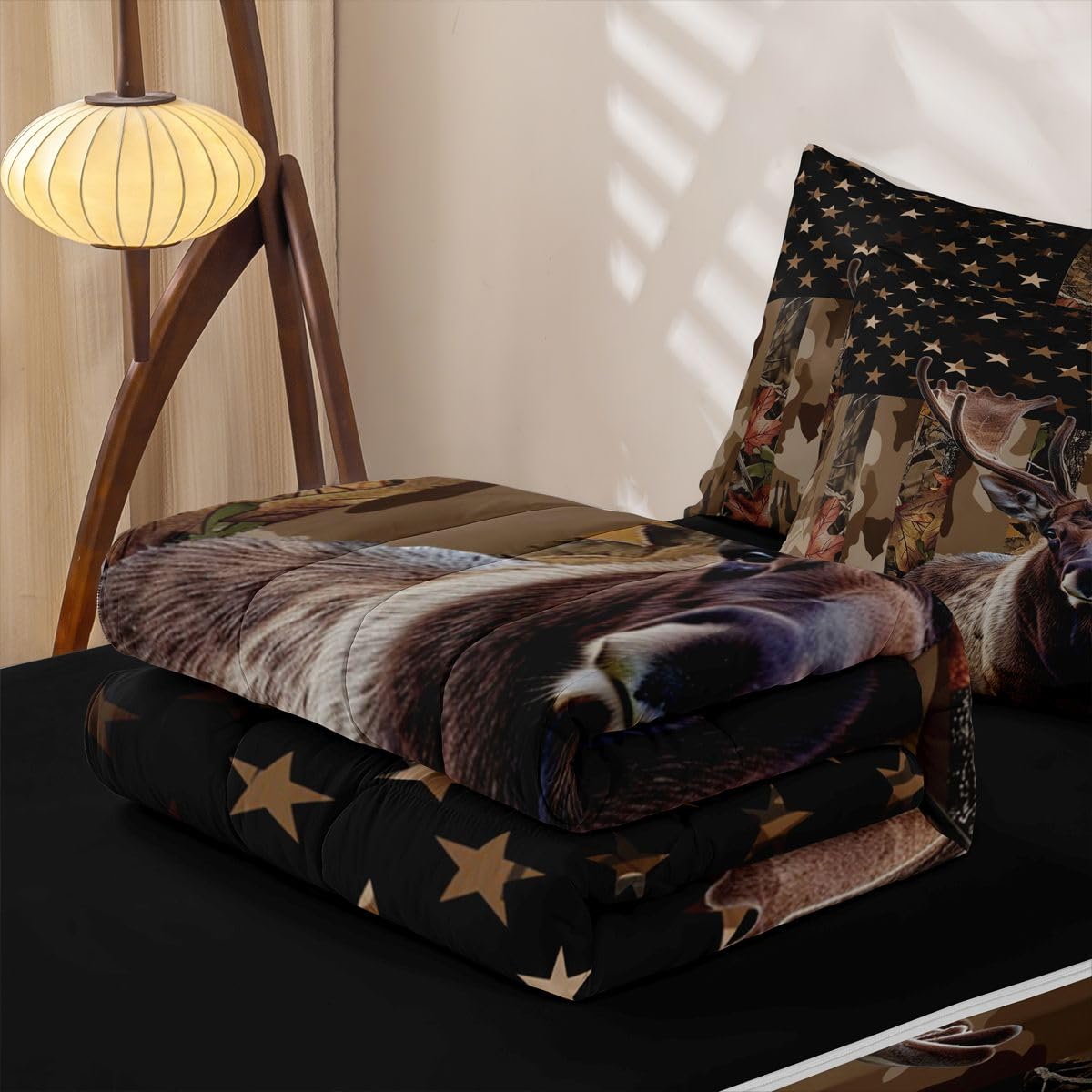jejeloiu Moose Elk Hunting Camo Comforter Set Twin Rustic Western Deer Zipper Bedding Set for Kids Boys Girls American Flag Bed in a Bag Brown Camouflage Microfiber with 2 Pillow Cases