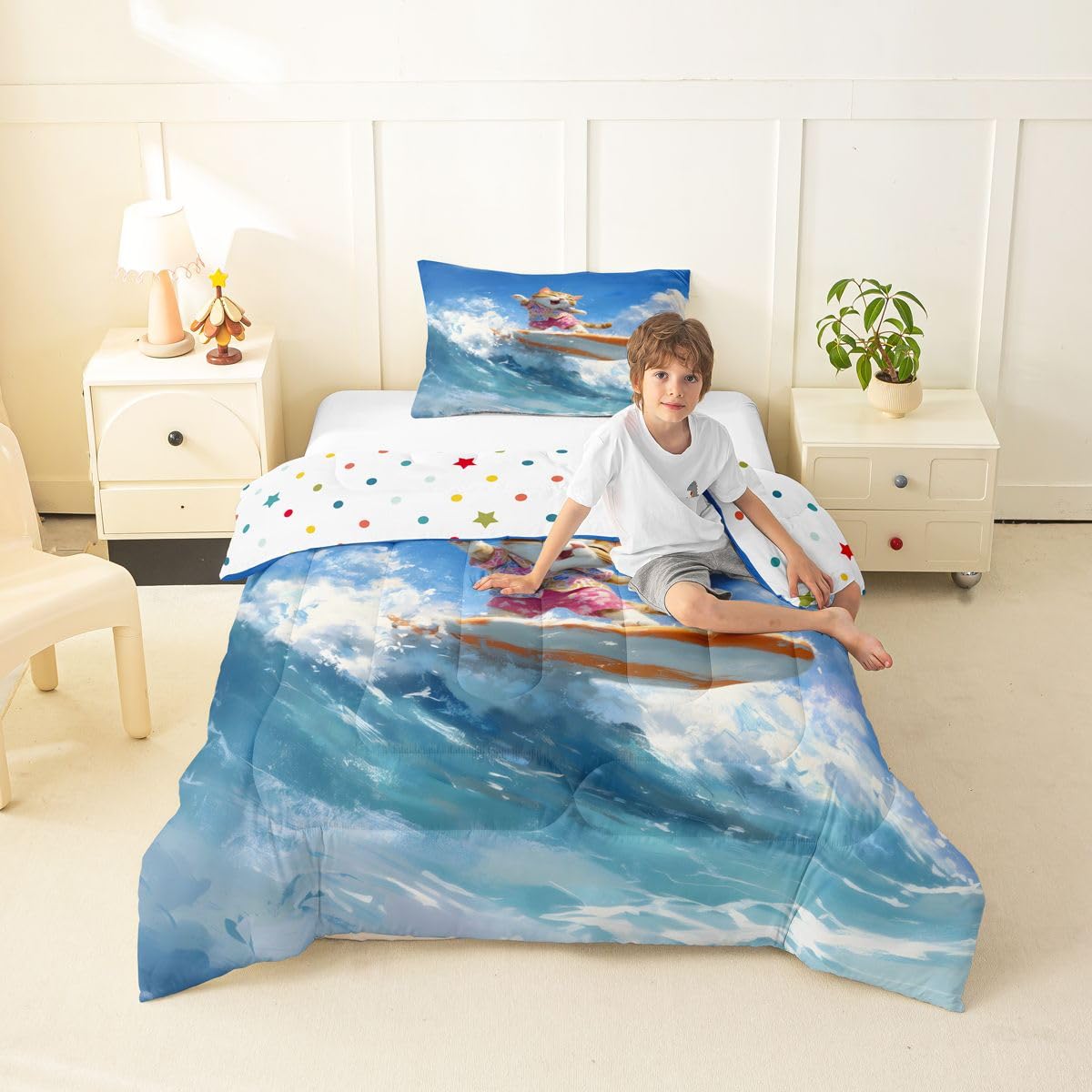 Erosebridal Cat Surfing Toddler Bedding Set Cartoon Summer Coastal Cat Surf Comforter Set Hawaiian Beachy Girly Room Decor Bed Comforter Sets,Blue Ocean Waves Quilt Duvet