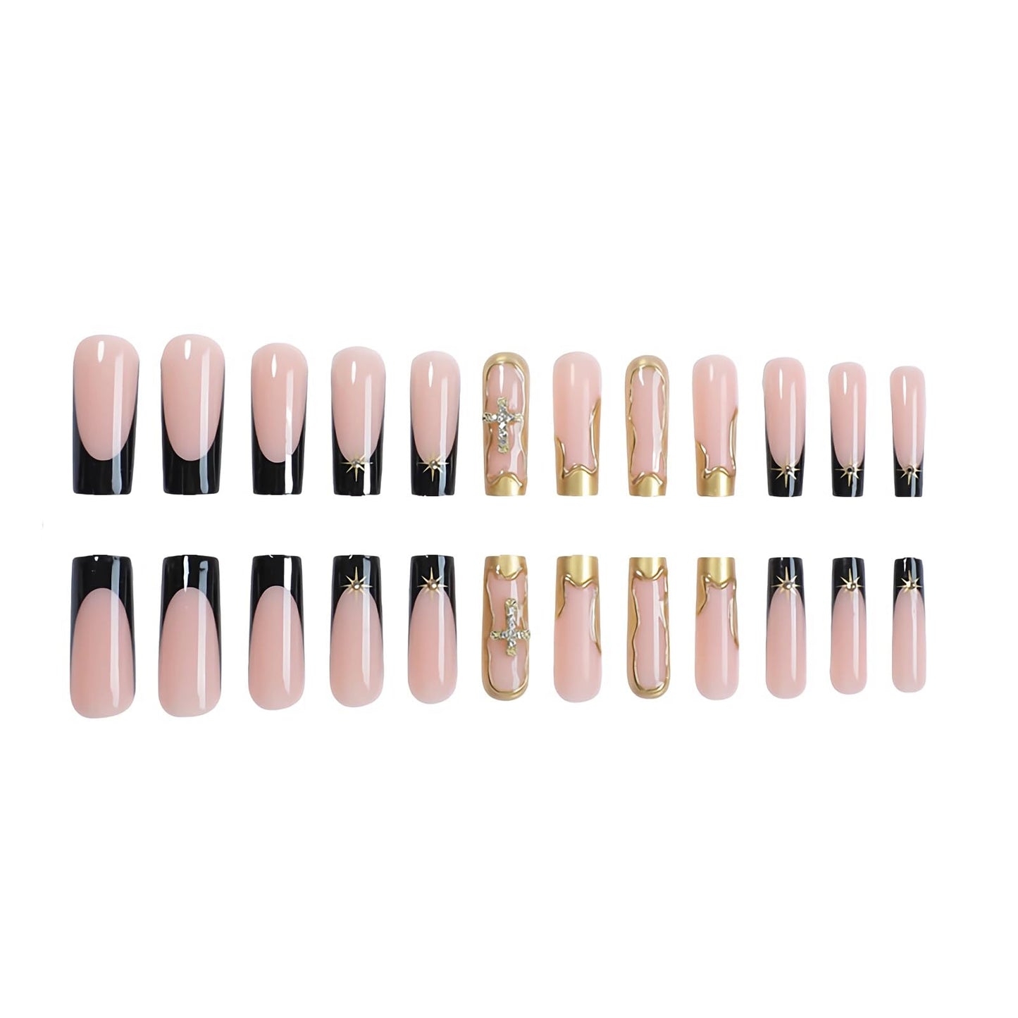 MERVF Press on Nails Long Square, Black Gold French Tip Fake Nails Glue ons with 3D Charms Acrylic Nail Star Design Glossy 24pcs