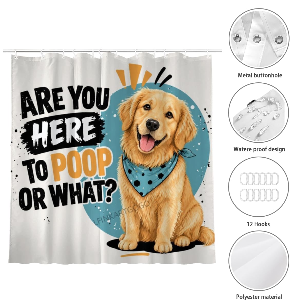 LFINKARTGOGO Funny Golden Retriever Shower Curtain 72x72 with 12 Hooks are You Here to Poop or What Waterproof Washable Polyester Bath Curtain for Home Hotel Decor