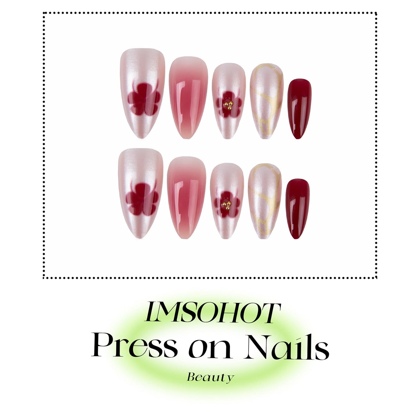 IMSOHOT Press on Nails Medium Almond, Chrome Silver Red Flower Fake Nails Glossy Acrylic French Tips False Nails Full Cover Glue on Nails