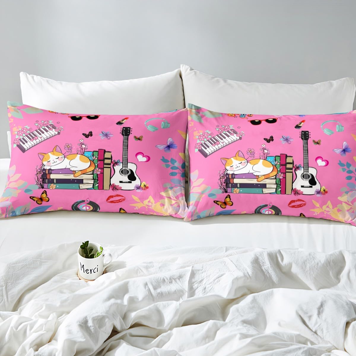 Erosebridal Music Themed Bed Sheets Set King Butterfly Sheet Set Music Book Cat Sheets for Fans Modern Fashion Pink Flat Fitted Sheet Birthday Valentines Day