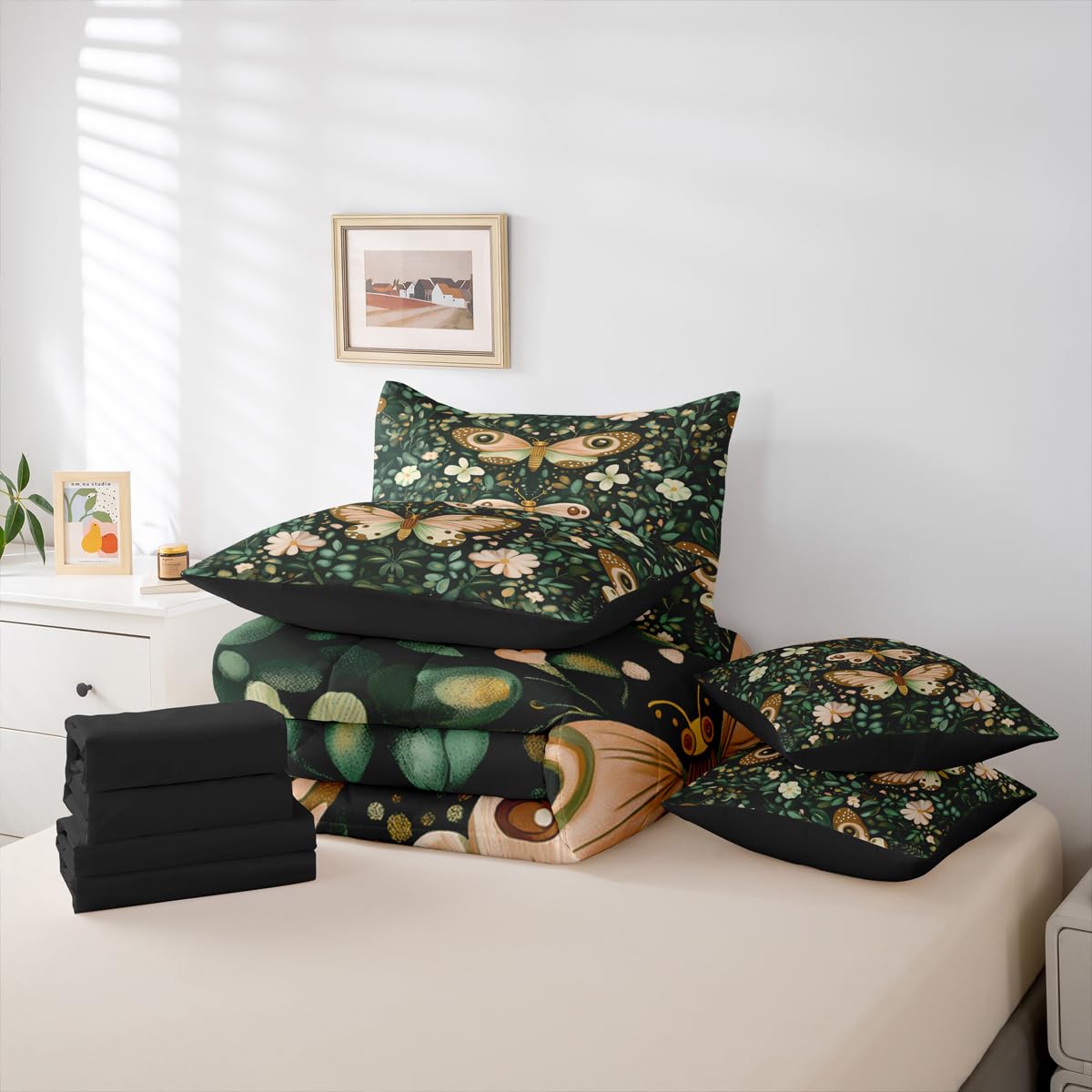 Feelyou Girls Butterfly Comforter Set with Sheets 7 Piece Queen Size Botanical Leaves Bedding Set for Kids Teens Beautiful Flower Bed in a Bag Room Decor Soft Lightweight Microfiber
