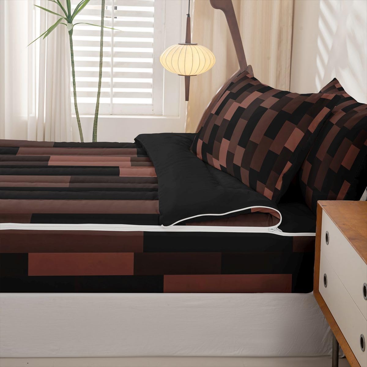 jejeloiu Black Brown Zipper Bedding Full Abstract Geometric Bedding Sets for Kids Boys Girls Modern Art Comforter Set with Fitted Sheet 2 Pillowcases One Zipper Bed Set for All Seasons