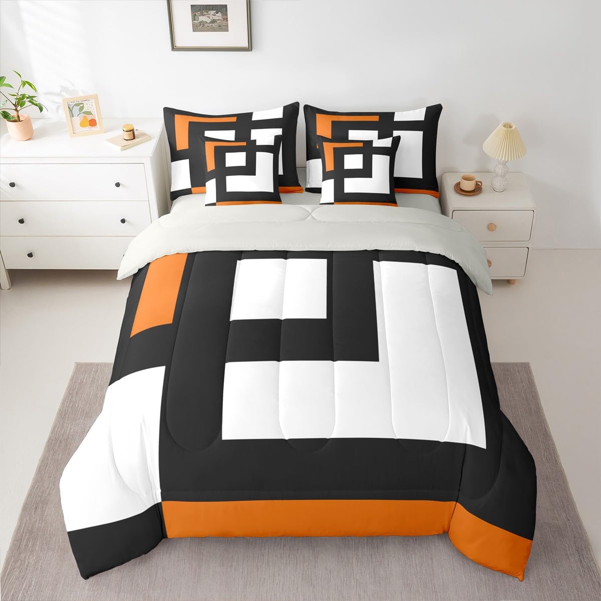Erosebridal Blue Black and White Striped King 7-Piece Bedding Set for Adult Women Men Square Abstract Comforter Set Modern Geometric Stripes Bold Lines Bed in a Bag Plaids Bed Collections