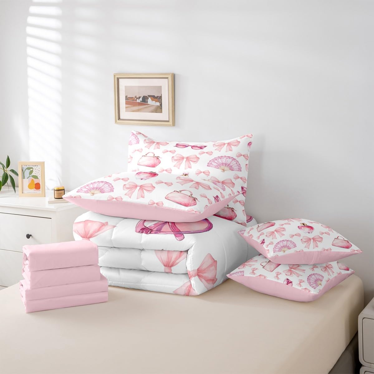 Erosebridal 7 Pcs Bowknot Girls Kids Comforter Set King Bed in a Bag,Girly Makeup Theme Bedding Set,Dreamy Princess Style Sheet Set,Perfume Beauty Duvet Insert,Valentine Bow Quilt for Girlfriend