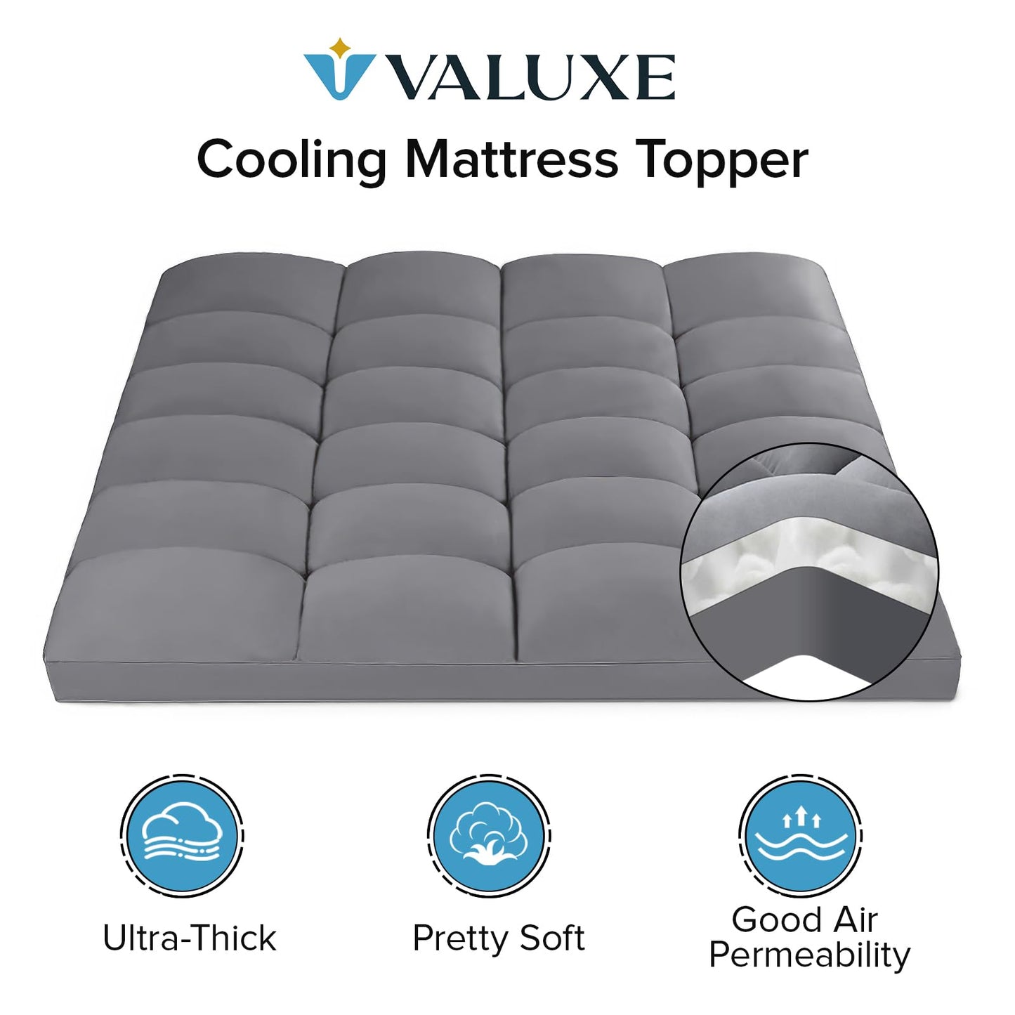 VALUXE California King Mattress Topper Cooling Pillow Top Fitted Mattress Pad Cover Extra Thick Bed Topper Down Alternative Soft Mattress Protector for Back Pain Relief with 8-21 Inch Deep Pocket Grey