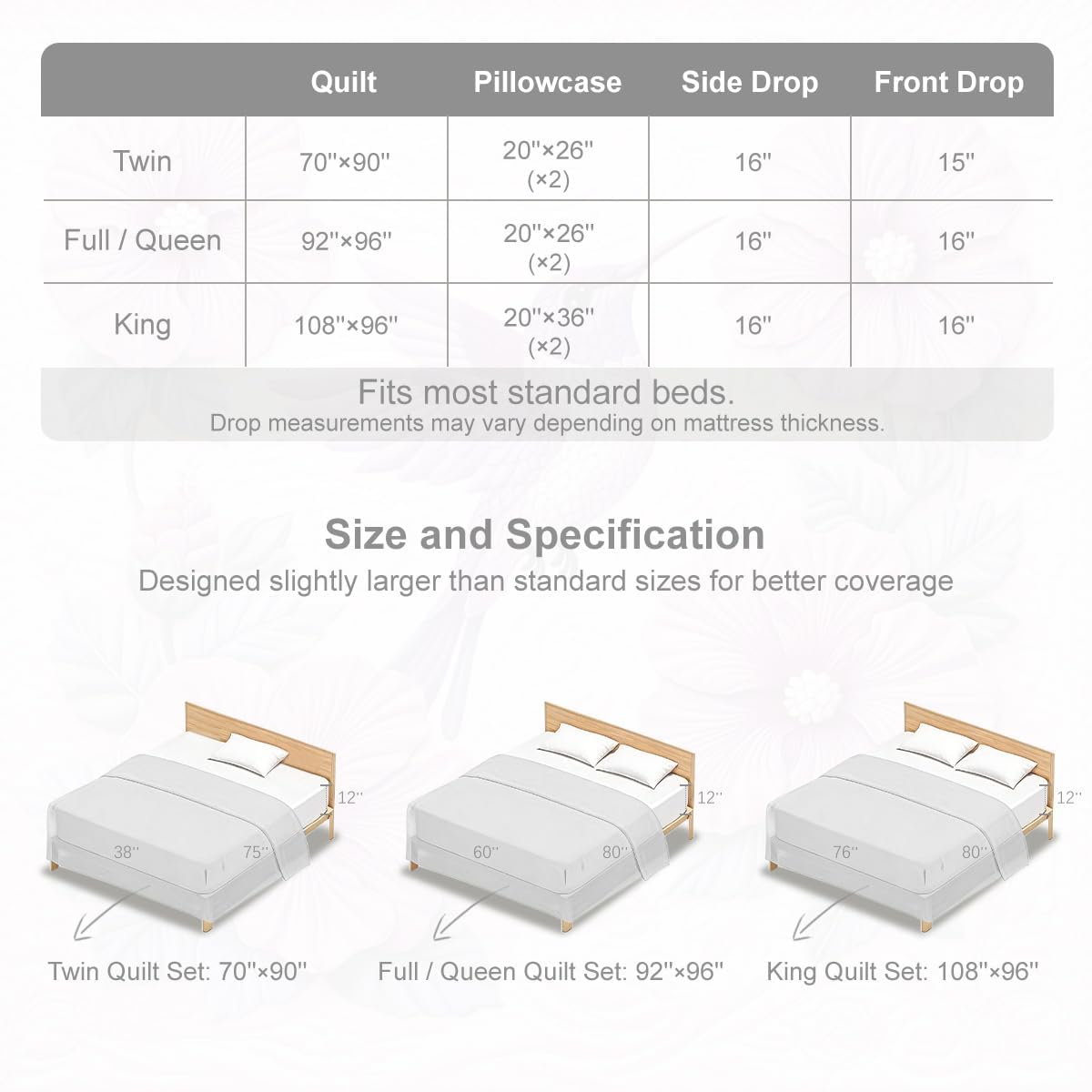 ARIGHTEX Flower Bird Quilt Set Queen Size Floral Heart Hummingbird Bedding Set Lightweight Botanical Quilt Soft Microfiber Bedspread Romantic Coverlet Set with Pillow Shams