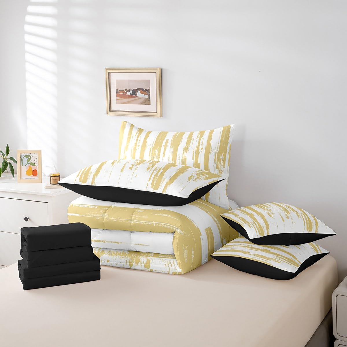 Erosebridal 7Pcs Yellow Striped Comforter Set Twin for Women Men,Modern Geometric Abstract Bedding with Bed Sheets,Gradient Art Aesthetic Bed in A Bag,Boho Graffiti Quilt Set with Pillowcases
