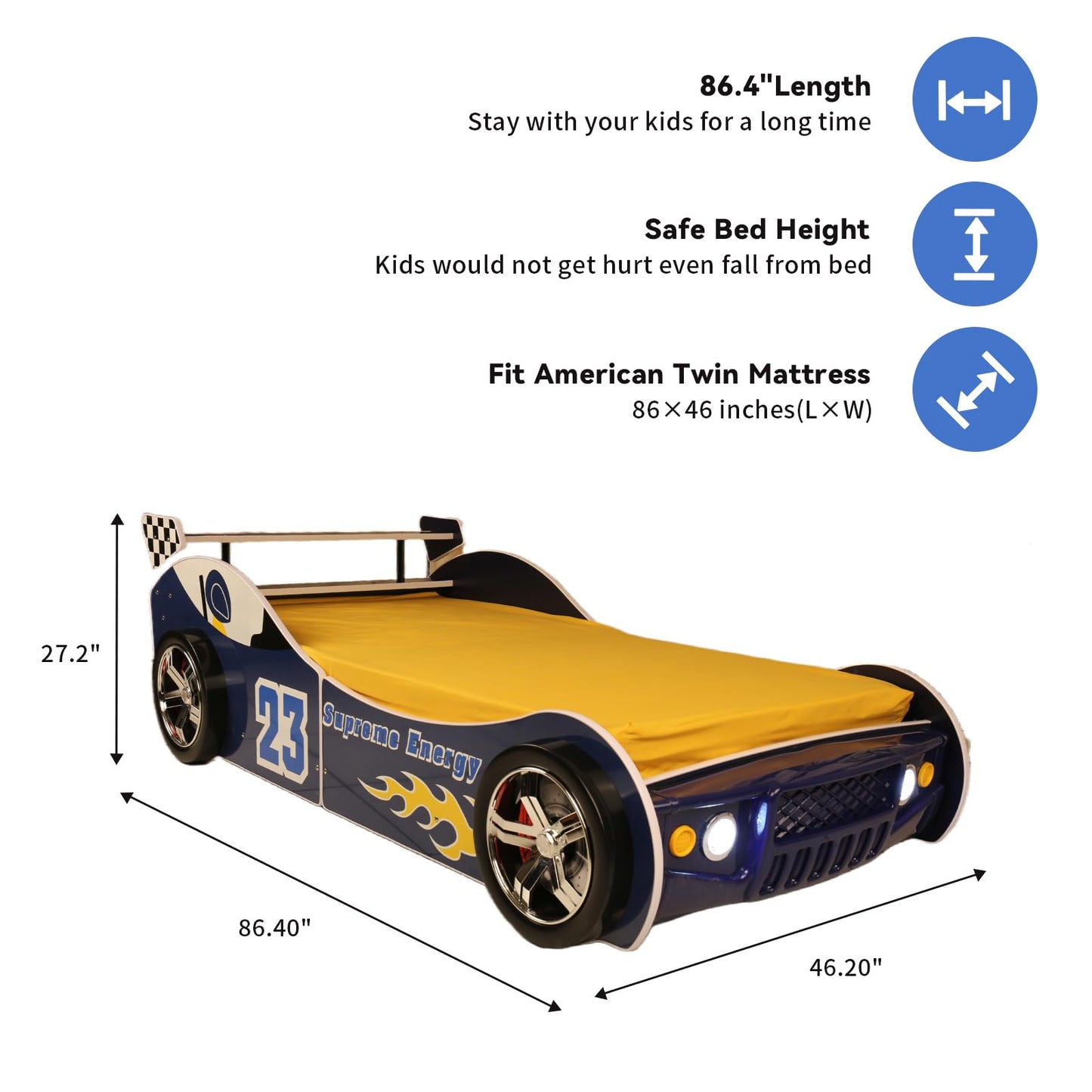 LKTART Car Bed Twin Size for Kids, Race Car Shaped Wooden Platform Bed Frame with Headboard Wheels and Support Slats for Boys Toddlers Child's Bedroom (Blue)