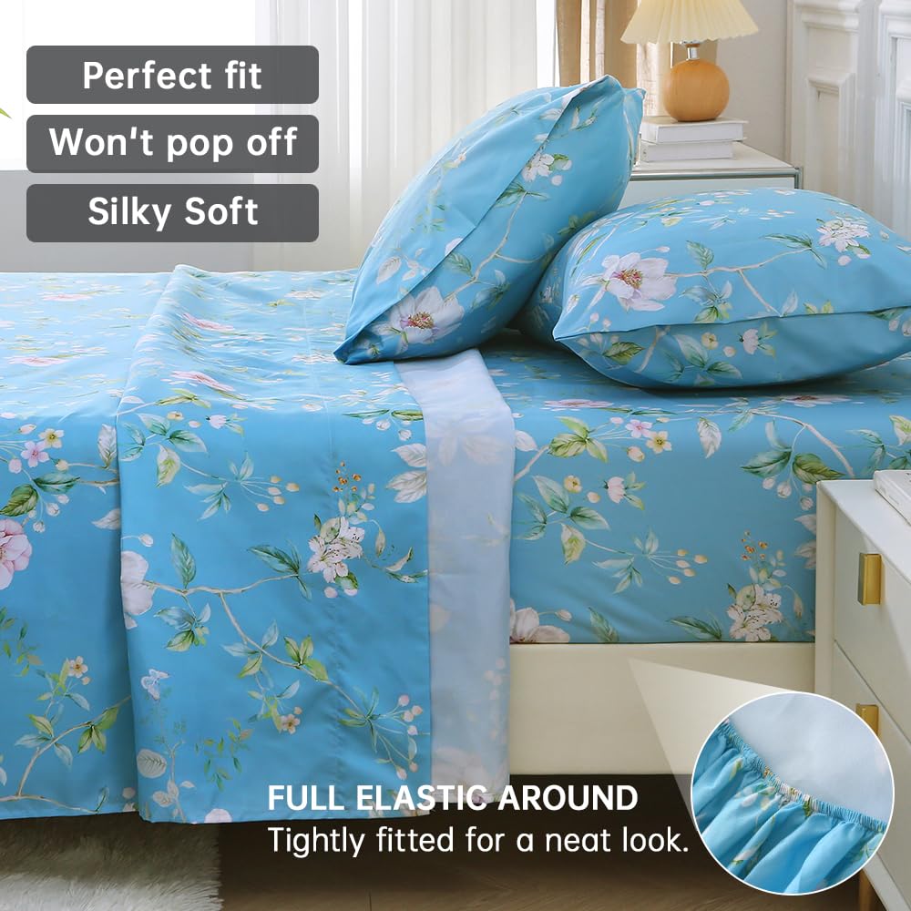 MUXHOMO Full Size 4 Piece Sheet Set, Soft & Breathable Sheet Set for Bedroom with Deep Pocket Up To 16", Wrinkle-Free & Cooling Bed Sheet with Flat Sheet, Fitted Sheet & Pillowcases - Magnolia Blossom