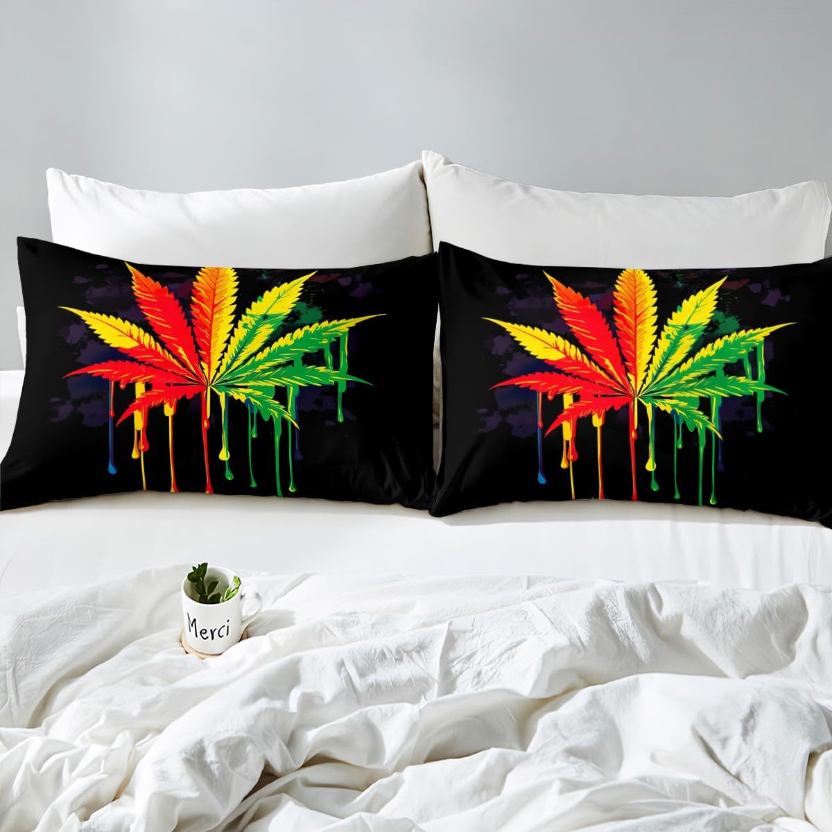 Feelyou Marijuana Duvet Cover Set Trippy Cannabis Leaves Bedding Set Marijuana Weed Botanical Comforter Cover 1 Quilt Cover + 2 Pillowcases Full Size