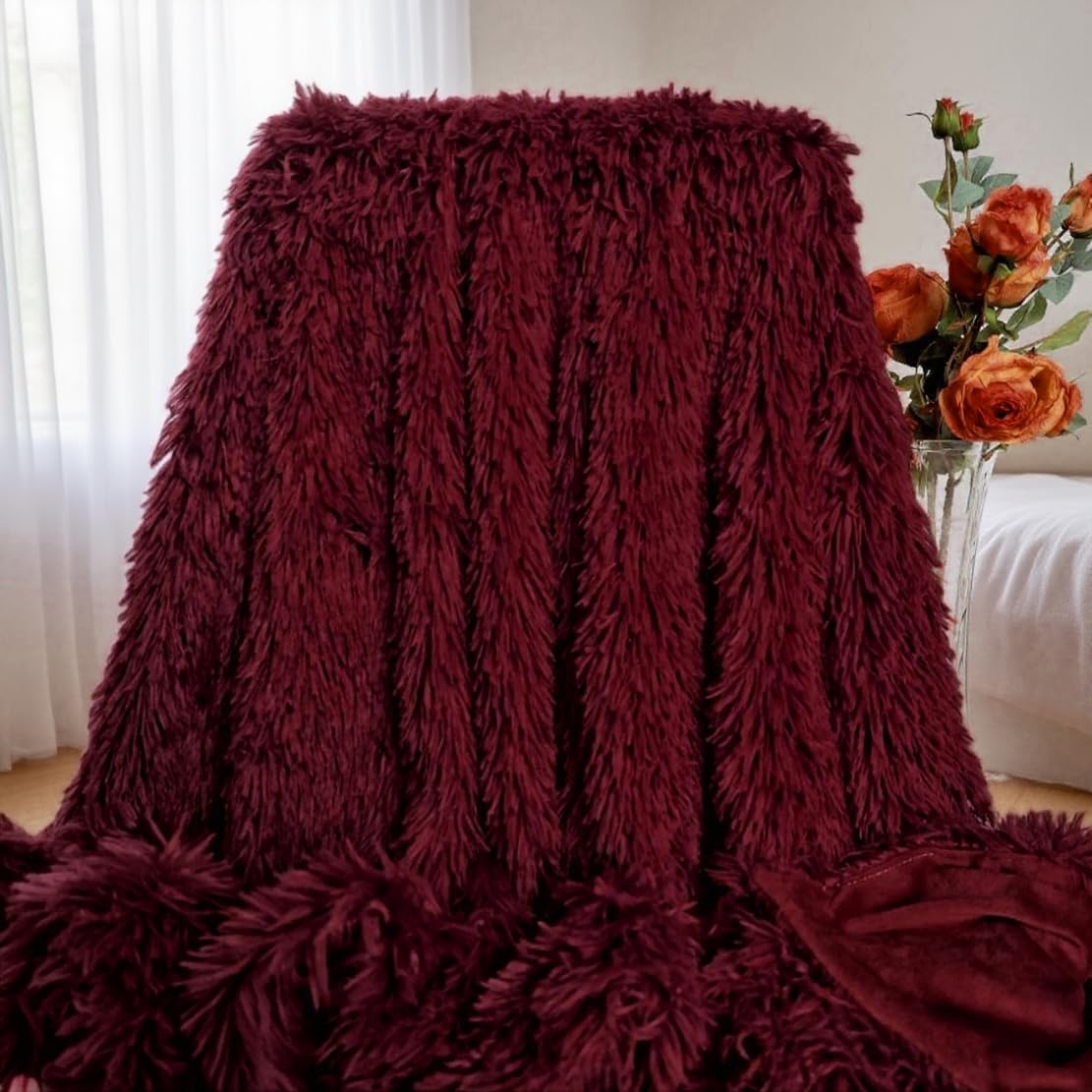 MYRU Plush Super Soft Blanket Bedding Sofa Cover Furry Fuzzy Fur Warm Throw Qulit Cozy Couch Blanket for Winter (51"x 63", Wine Burgundy Red)