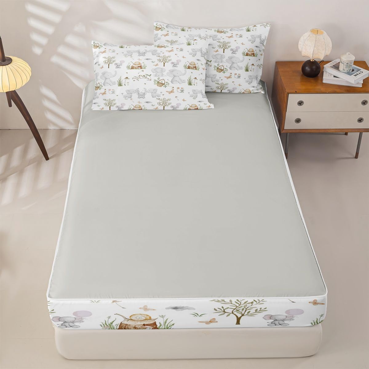 Erosebridal Kids Elephant Zippered Bedding Set Twin Nursery Cute Cartoon Animals Comforter Set Woodland Snails Wildlife Bed in a Bag Elephant Family Stump Butterfly Trees Zipper Quilt Fitted Sheet