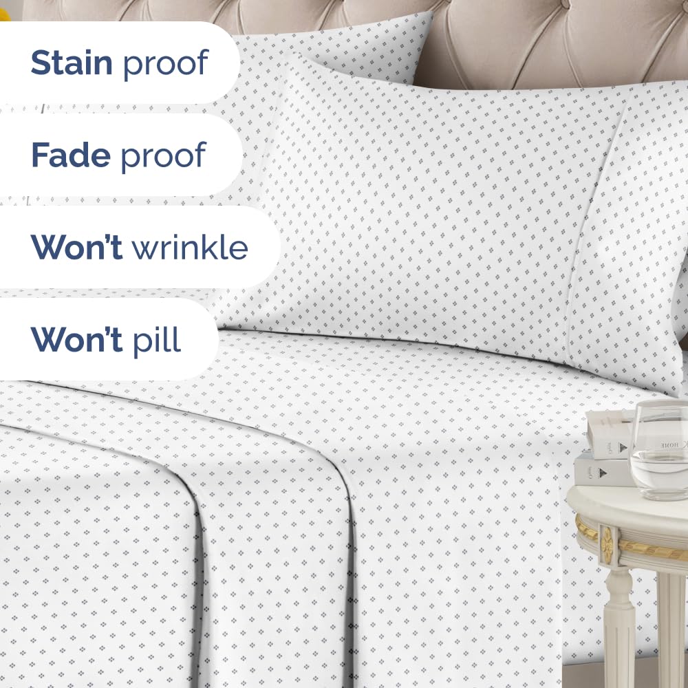 Blue Dot Pattern Sheets - 1 Flat & 1 Fitted Sheet & 2 Pillowcases w/ Deep Pockets - Spot Print Bedding - Wrinkle & Fade Resistant - Soft, Breathable & Cooling - Comfy, Luxury Bedding - Full Size