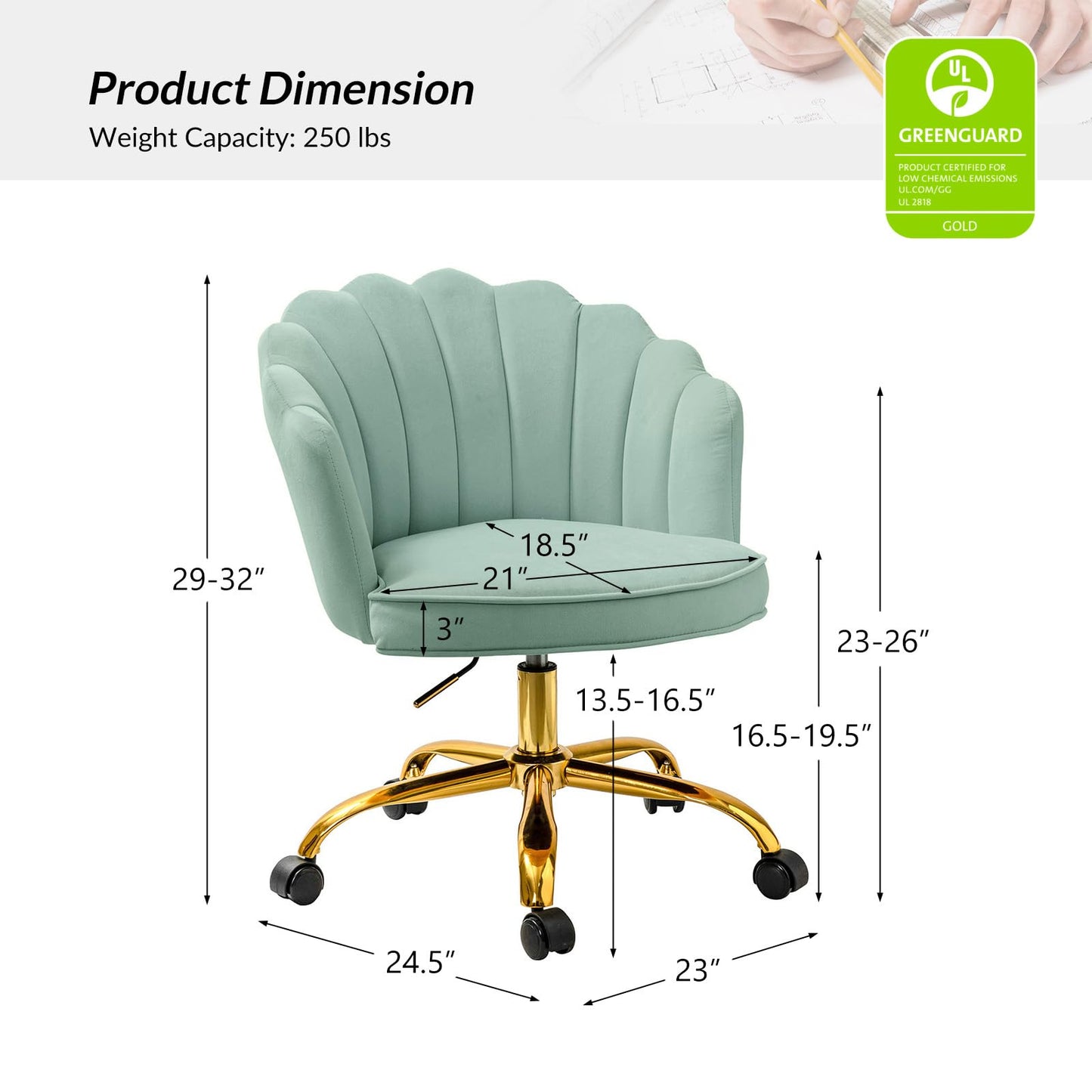 HULALA HOME Velvet Home Office Chair with Gold Base, Womans Modern Cute Shell Back Upholstered Desk Chair for Vanity, Adjustable Swivel Task Chair for Living Room, Sage