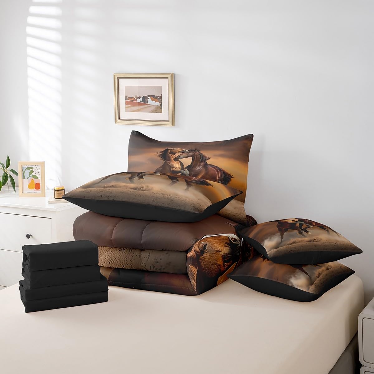 Erosebridal Horse Quilt with Flat Fitted Sheet 7 Piece Twin 3D Horse Printed Bedding Sets Farmhouse Wild Animal Pattern Comforter Set Funny Horse Battle Theme Bed in A Bag for Kids Boys Teens,Brown