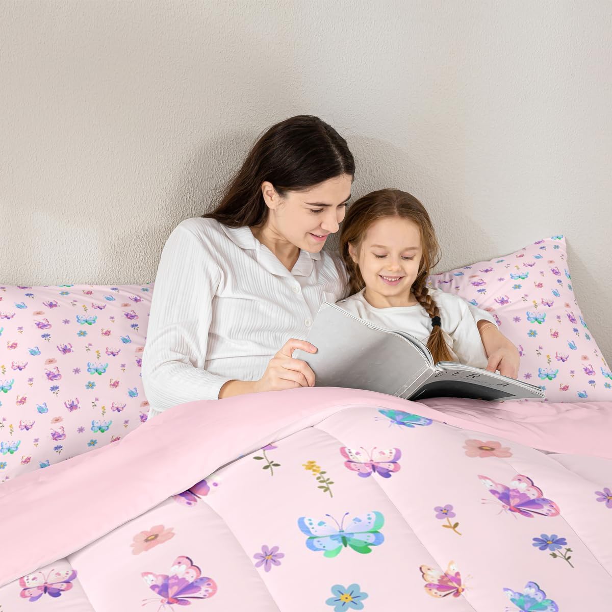 Feelyou Butterfly Kids Comforter Set Full Size Floral Bedding Set Farmhouse Garden Duvet Quilt for Kids Boys Girls Bedroom Cute Decor Purple Pink Microfiber Ultra Soft Breathable