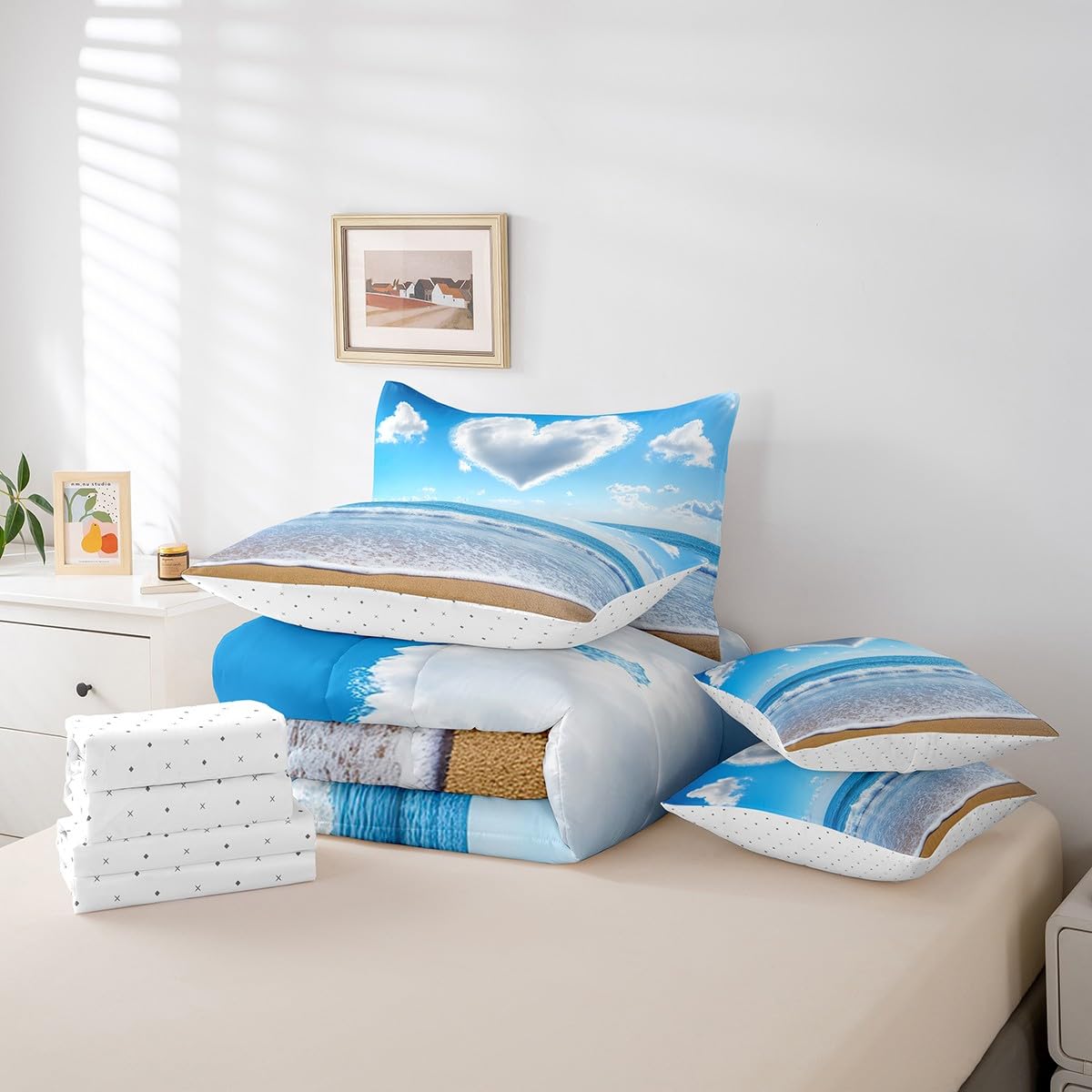 jejeloiu Beach Comforter Set 7 Pieces Full Size Kids Ocean Print Coastal Bed in a Bag for Boys Girls Love Pattern Bedding Set Natural Landscape,Comforter + Sheets + Pillowcases + Cushion Covers