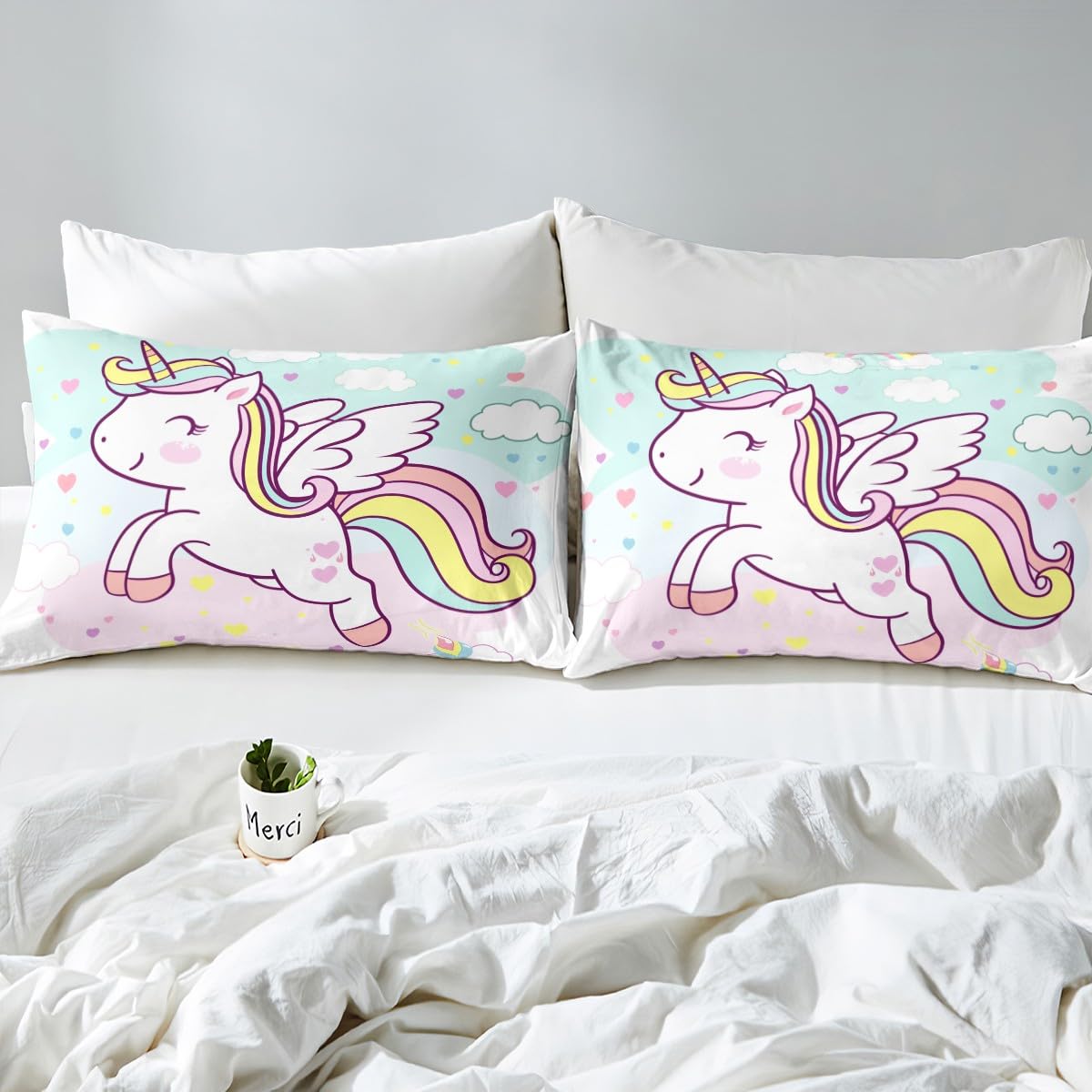 Kawaii Unicorn Kids Fitted Sheet Full Size,Rainbow Love Heart Clouds Bedding Set,Girls Women Room Decor,Cartoon Animal Princess Bed Cover,Pink Teal Bed Sheet,2 Pillowcases