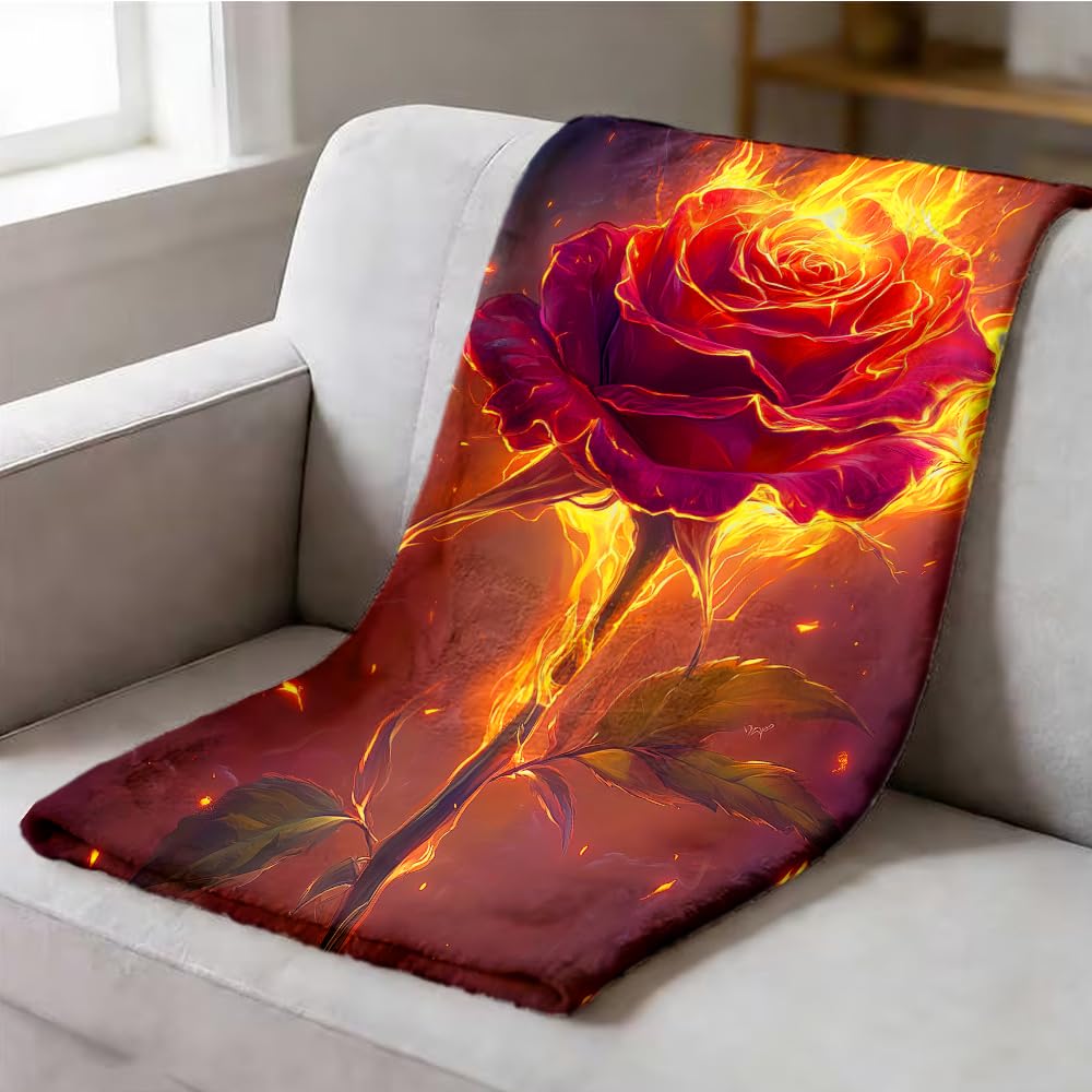ZHOUSHUTONG Fiery Burning Rose Flannel Throw Blanket, Gothic Floral Fire Flower Print Blanket, Soft Cozy Warm Plush Blankets for Couch Bed Sofa, Gift for Rose Lovers 49"x59"