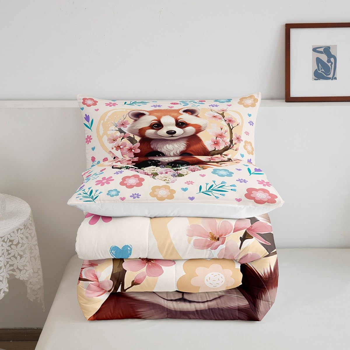 Manfei Red Panda Twin Size Comforter Set for All Seasons,Nature Wild Animal Cherry Blossom Bedding Set Bedroom Decor,Cute Flowers Leaves Yellow Heart Graffiti Comforter Inner Fill with 1 Pillow