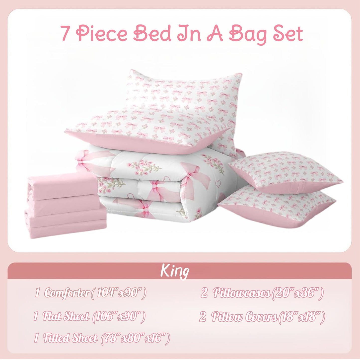 Erosebridal Bow 7 Piece Comforter Set King Bed in a Bag for Girls Kids,Girly Pink Floral Coquette Comforter,Heart Shaped Bow Ties Bedding Sets Dreamy Princess Style Bowknot Sheet Set with Comforter