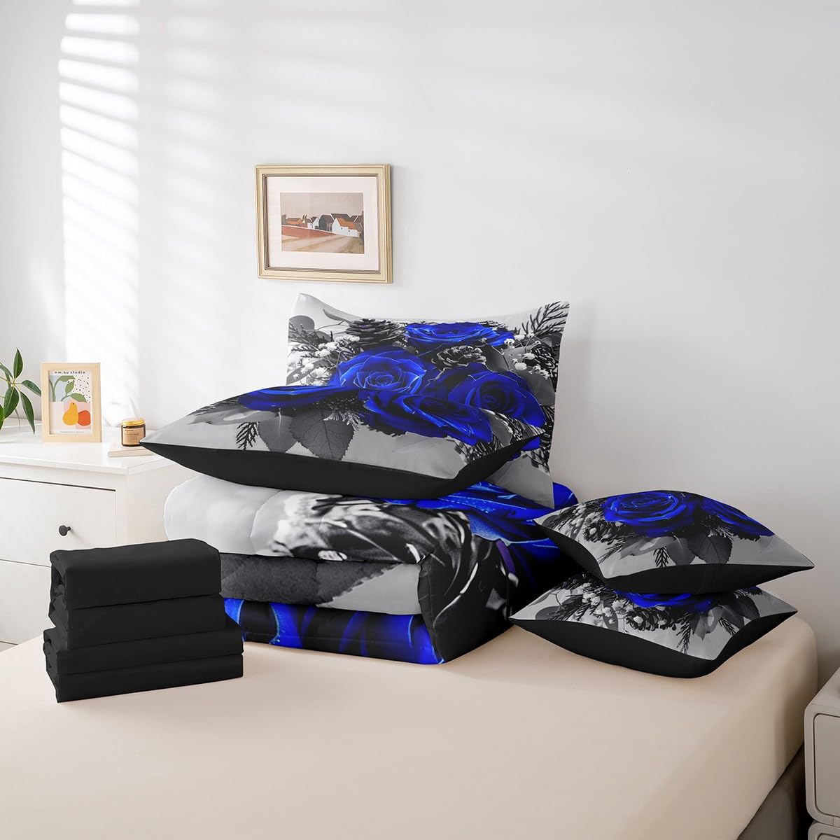 Erosebridal Blue Rose 7 Pcs Comforter Set Full,Romantic Valentine's Day Bed in a Bag with Flat Sheet and Fitted Sheet,Garden Farmhouse Botanical Floral Flowers Blue Bedding Set with Pillowcase & Sham