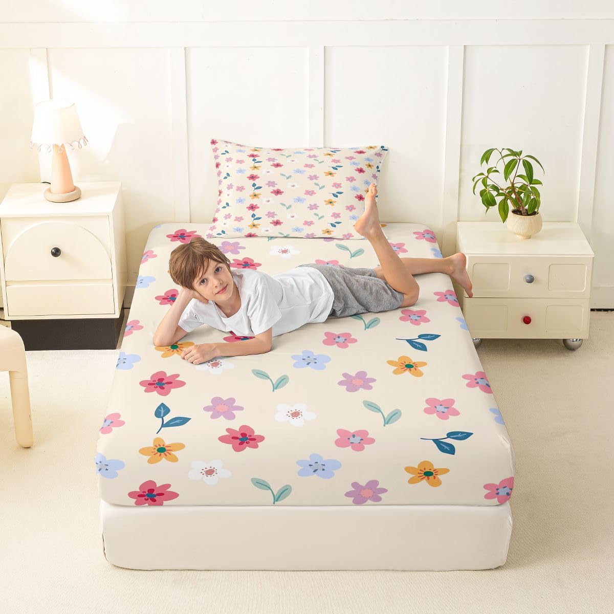 Erosebridal Cartoon Floral Bed Sheets Set Twin Boho Floral Leaves Sheet Set Farmhouse Flowers Plant Sheets Rainbow Wildflower Flat Fitted Sheet