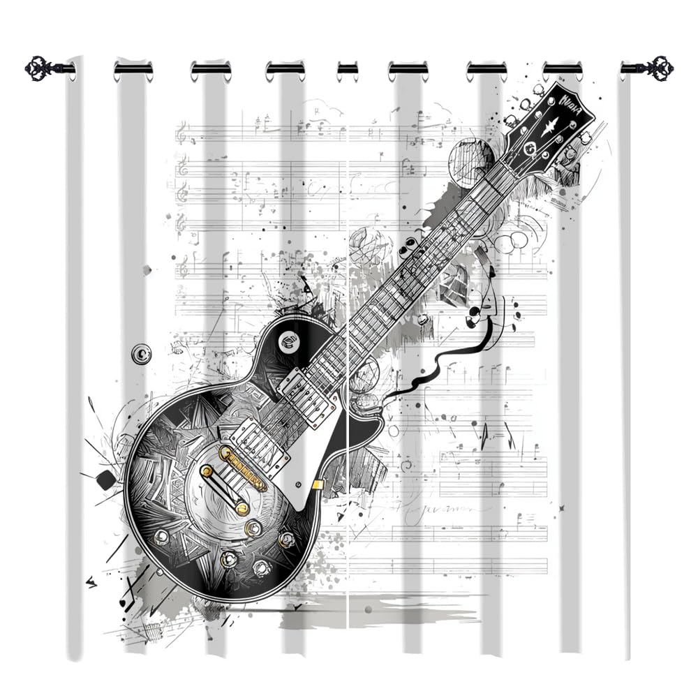 XSUPFLYM Classic Musical Notes Guitar Window Blackout Curtains Beautiful Abstract Rock Music Theme Black&White Guitar Thermal Curtains Suitable for Bedroom 2 Panels.Each 21" W x 45" L