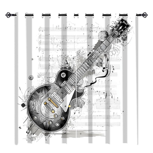 XSUPFLYM Classic Musical Notes Guitar Window Blackout Curtains Beautiful Abstract Rock Music Theme Black&White Guitar Thermal Curtains Suitable for Bedroom 2 Panels.Each 21" W x 45" L