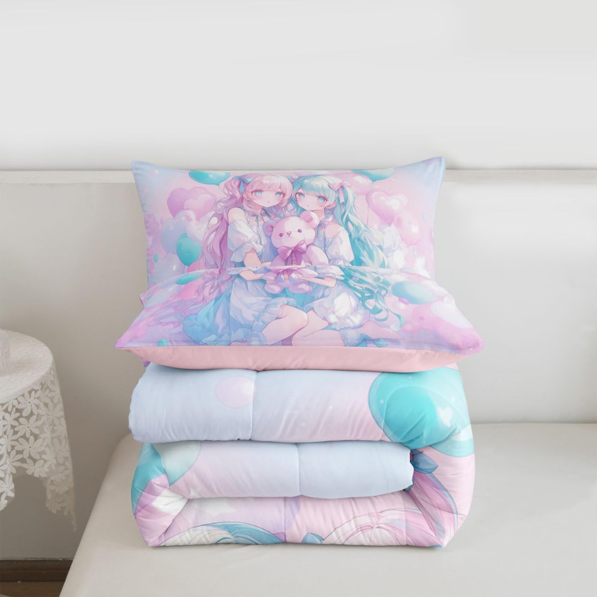 Erosebridal Anime Girl Kids Bedding | Girly Friendship Full Comforter Sets,Fantasy Dreamy Girls Comforter Romance Ballons Duvet Insert with 2 Pillow Cases