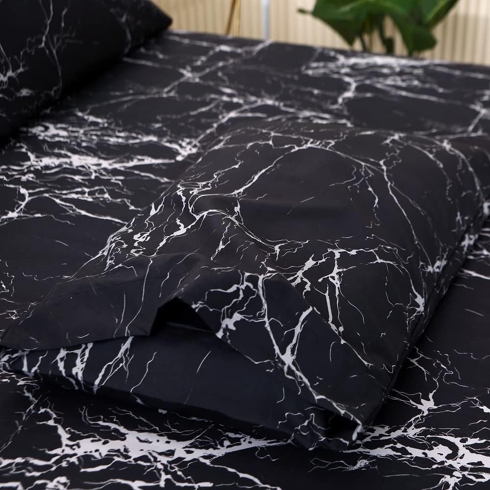 MAG Black Marble, Super Soft Microfiber Bed Sheet 4PC, Marble Bedding Sheet Set Included 1 Fitted Sheet, 1 Flat Sheet with 2 Pillowcases, 14 Inches Deep (Queen, Black)