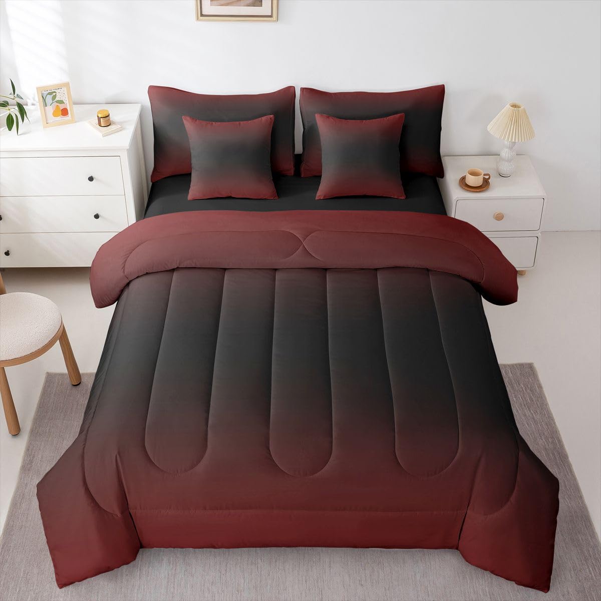 Erosebridal Red and Black 7 Piece Comforter Set Twin Bed in A Bag Ombre Bedding Set for Girls Women Abstract Gradient Sheet Set with Comforter Contemporary Art Duvet Insert