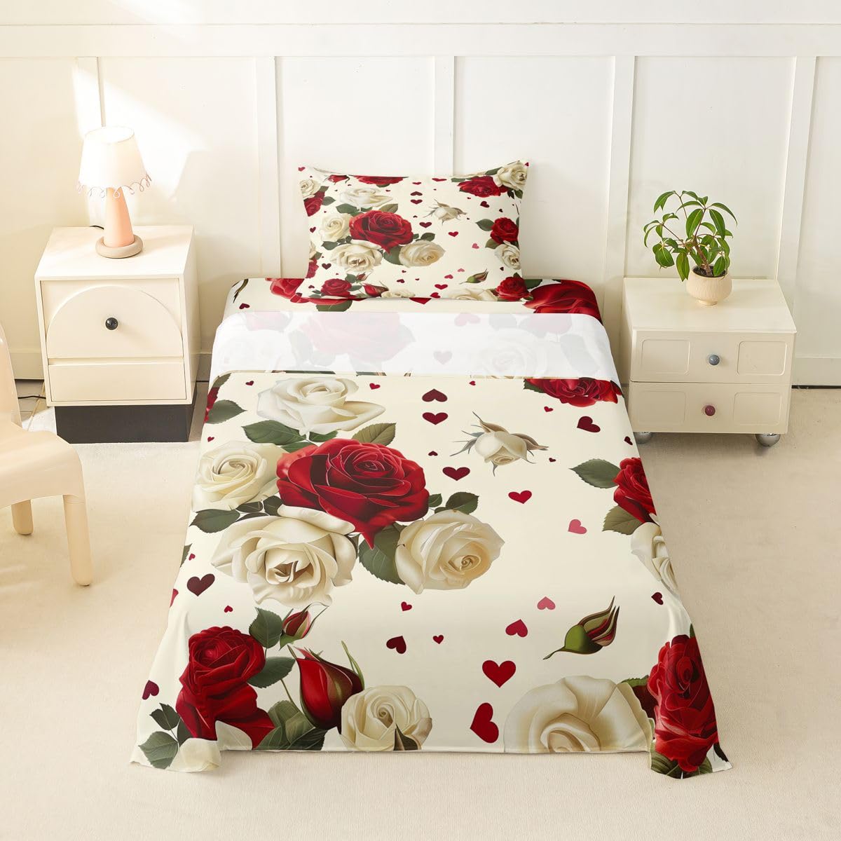 Erosebridal Red White Rose Bed Sheets Set Twin Farmhouse Floral Leaf Sheet Set Vintage Luxury Roses Sheets Romantic Flowers Flat Fitted Sheet