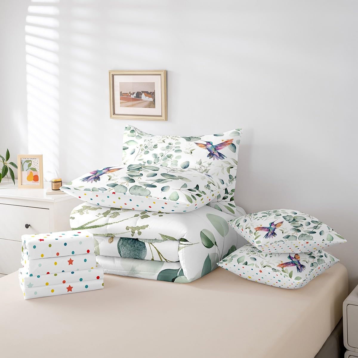 Erosebridal Cartoon Hummingbird Bedding Comforter Sets 7pcs Wildlife Bird Bed in a Bag, Spring Plant King Bedding Sets Eucalyptus Leaf Comforter Set, Jungle Animal Theme Bedding Sets Kids Room Decor