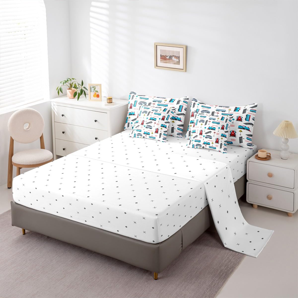 jejeloiu Tramcar Comforter Set with Sheets 7 Piece Twin Size Cartoon Car Bed in a Bag Kids Boys Girls Wired Trolley Car Bedding Set Bedroom Decor Breathable Soft Lightweight Microfiber