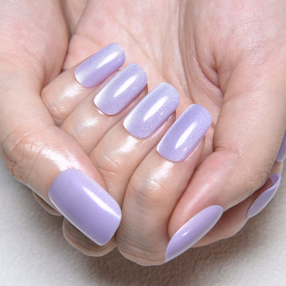Orchid Purple Cat Eye Press on Nails Medium Square, Medium Square Press Stick on Nails Chrome for Women Gift, Orchid Holographic Glitter Glossy Reusable Acrylic Fake Nail with Cateye Effect Designs