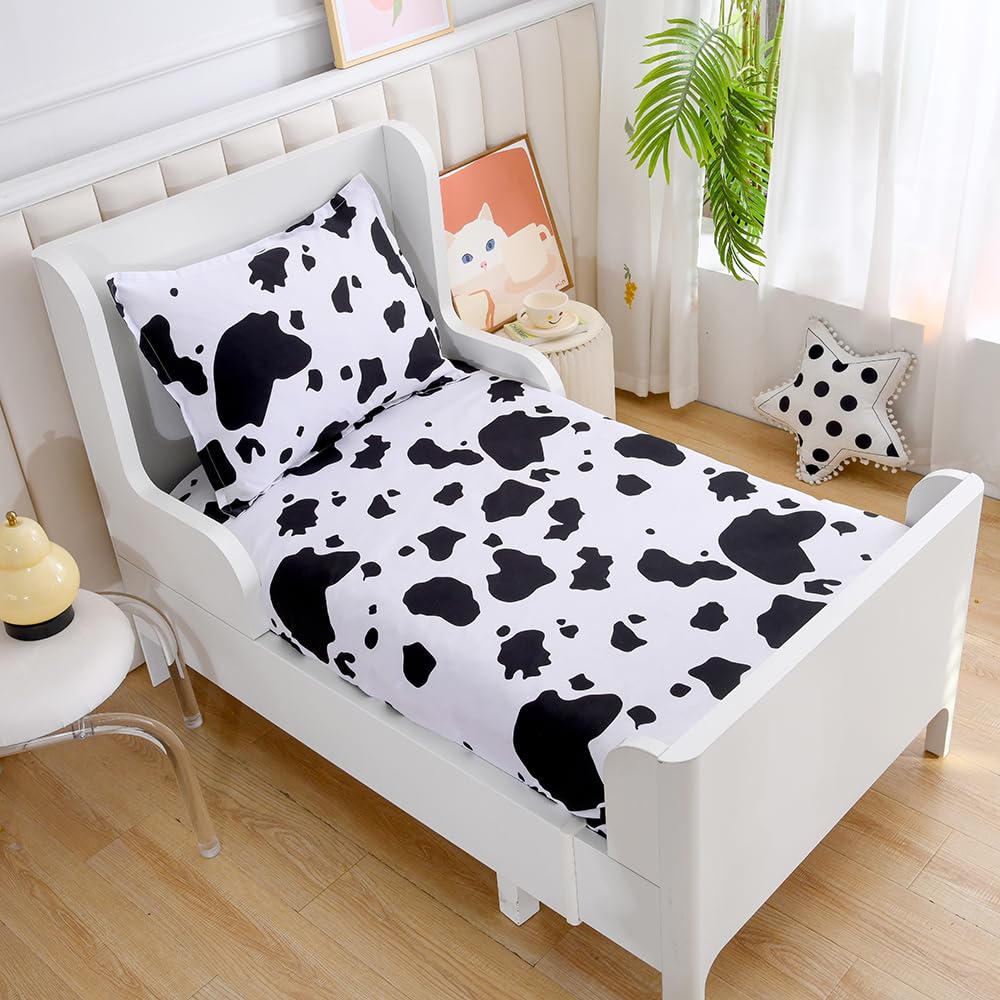 KWLOVER Cow Printed Bed Fitted Sheet and Pillowcases Set,White and Black Deep Pocket Fitted Sheet,Soft Kids Sheets for Twin Size Bed (White Cow, Twin)