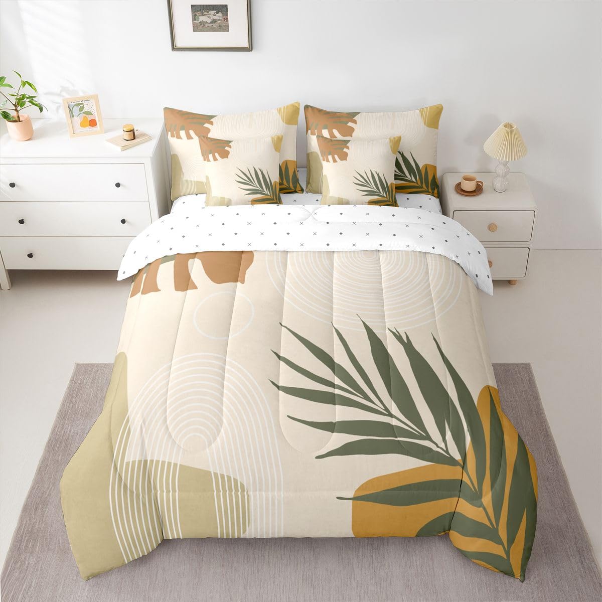 Erosebridal Beige Green Boho King Size 7 Pcs Bedding Set, Mid Century Abstract Simple Comforter Set with Sheets, Modern Minimalist Arch Geometric Bed Sets, Tropical Palm Leaf Aesthetic Bed in A Bag