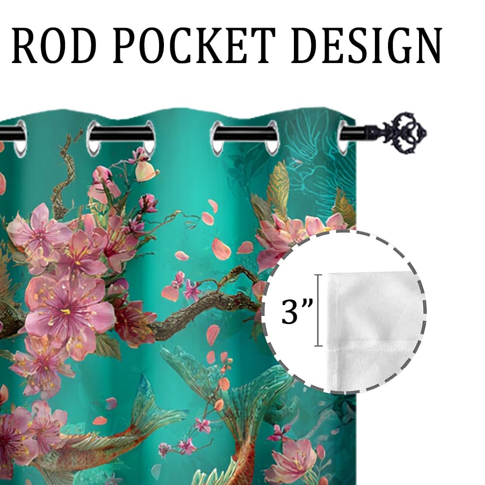 XSUPFLYM Classic Asian Japanese Fish Privacy Perforated Curtains Traditional Aesthetic Spring Underwater Fish Plant Cherry Blossom Curtains Top Grommets Window Treatment 2 Panels.Each 21" W x 54" L